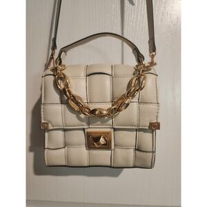 Aldo Palmata Top Handle Cream‎ Gold Chain Faux Leather Basket Weave Cross Body